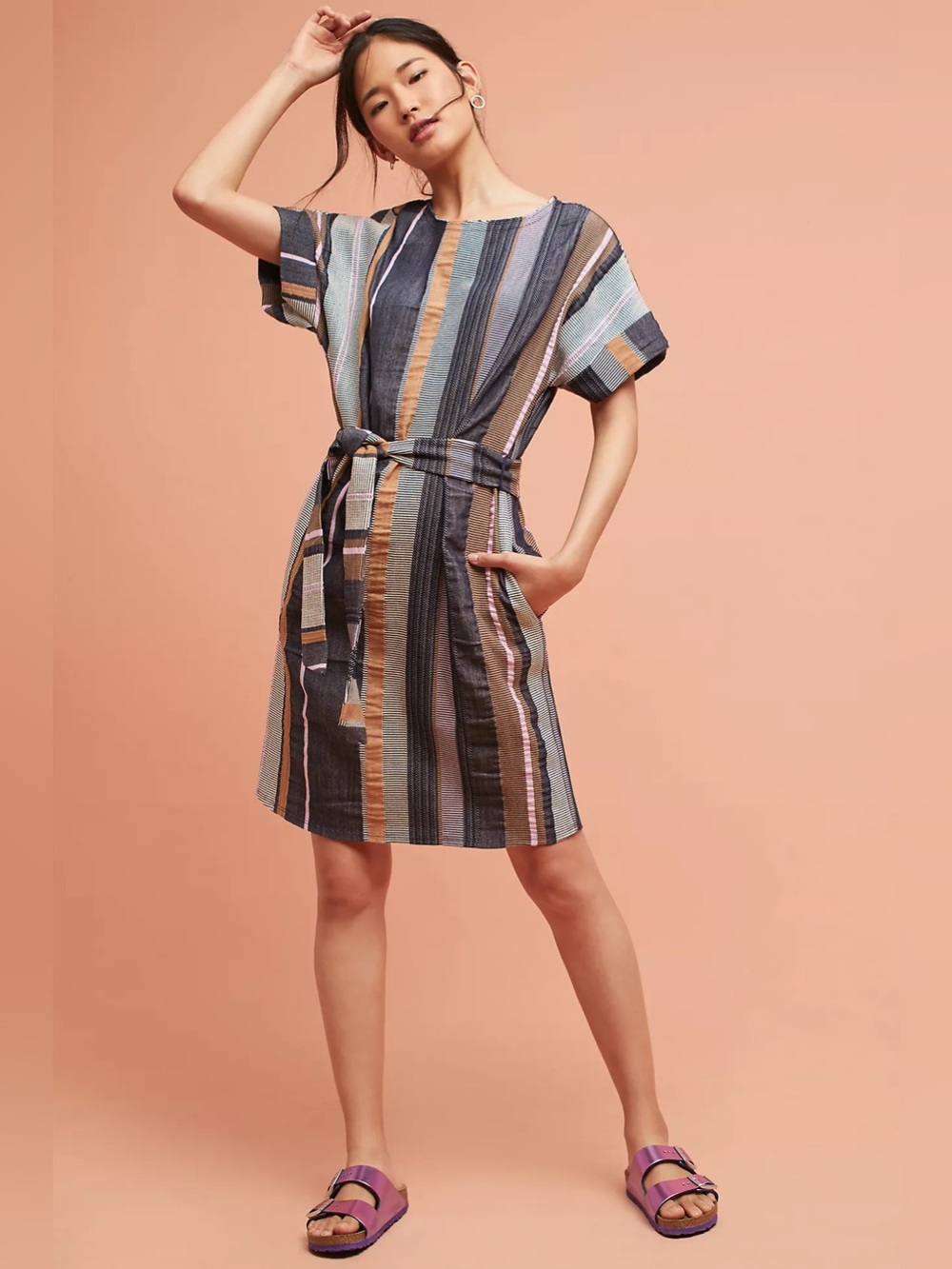 Anthropologie 34N 118W  Austen Striped Tunic Dress Belted Knee Length Size S